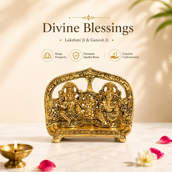 Gold Plated Laxmi Ganesh Statue Frame, Metal Lakshmi Ganesha Idol Murti for Diwali Puja, Decor & Gifting
