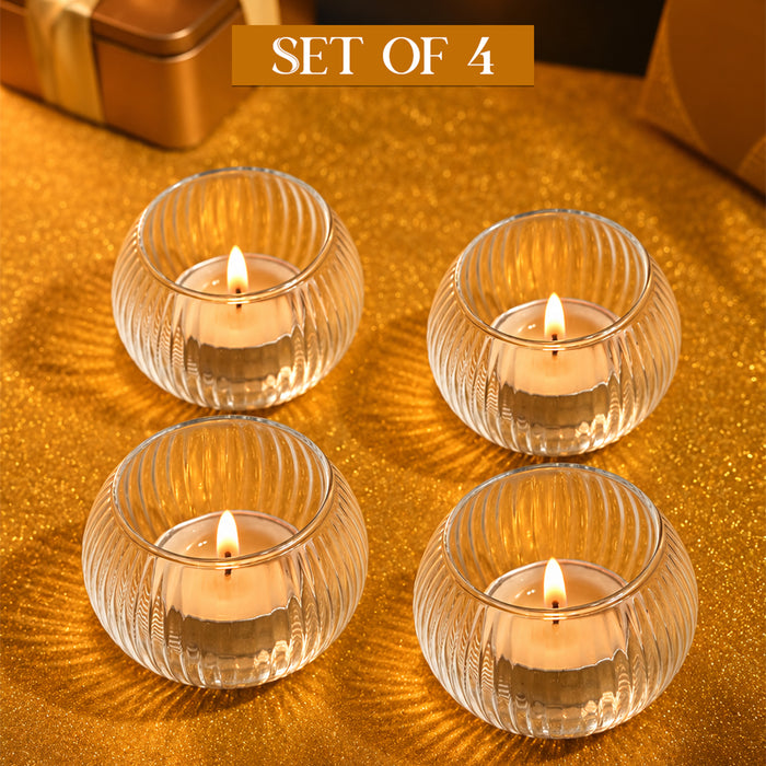 Set of 4 Glass Round Votive Candle Holders, Tea Light Cups for Diwali Decoration & Festive Home Decor (5x4.5 cm)