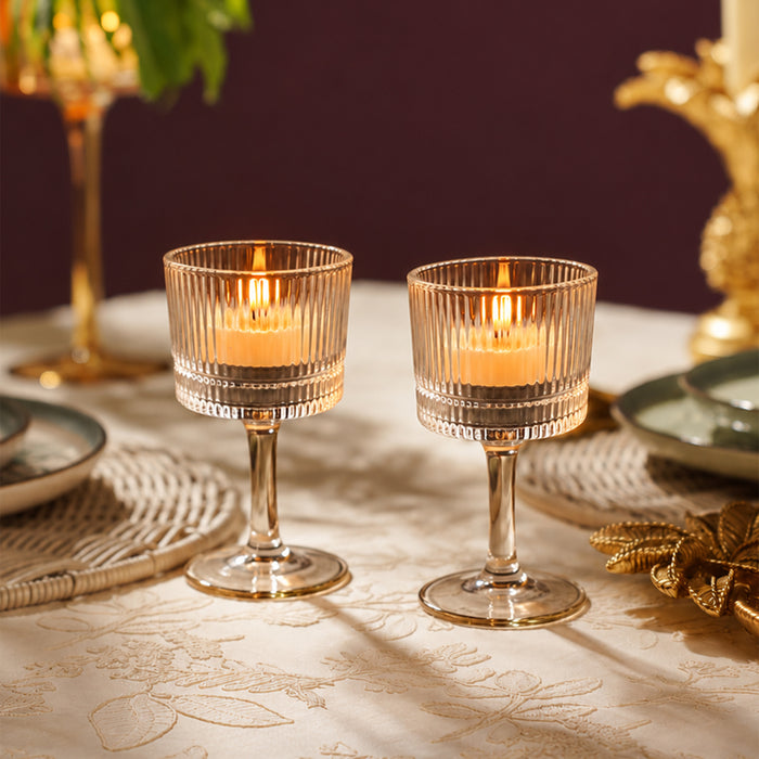 Set of 2 Glass Pillar Candle Holders, Tea Light Votive Stands for Diwali Decoration, Dining Table & Festive Home Decor (10x4 cm)