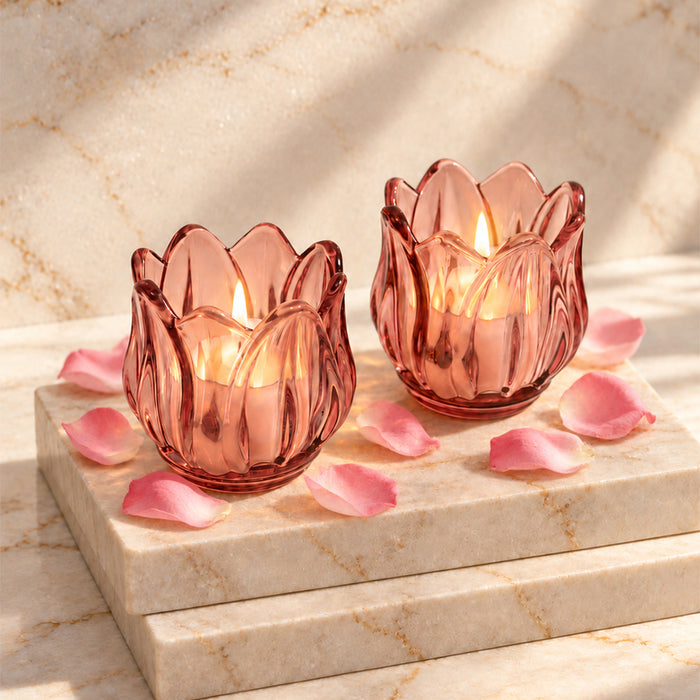 Set of 2 Pink Flower Shaped Glass Votive Candle Holders, Lotus Tea Light Stands for Diwali Decoration & Festive Home Decor (8x6 cm)