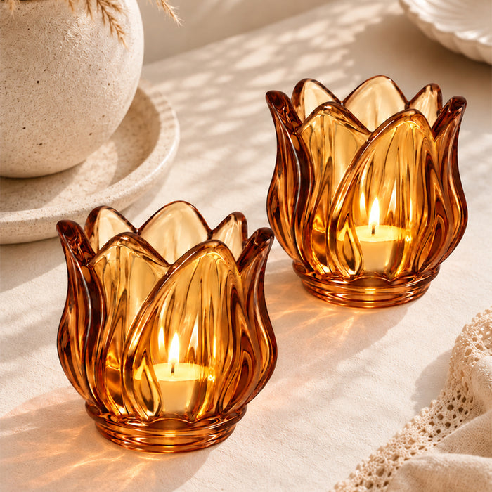 Set of 2 Pink Flower Shaped Glass Votive Candle Holders, Lotus Tea Light Stands for Diwali Decoration & Festive Home Decor (8x6 cm)