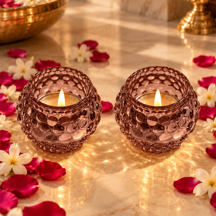 Set of 2 Pink Glass Votive Candle Holders, Decorative Tea Light Holders for Diwali Decoration & Festive Home Decor (5x4.5 cm)