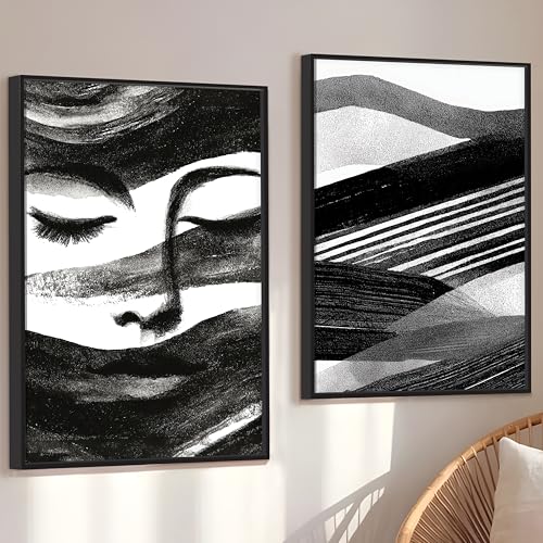 Abstract Face Black and White Canvas Bohemian Large Wall Art Painting for Living Room Decoration, Stylish Large Wall Art Print for Wall Decor (Set of 2, 58x89 cm)