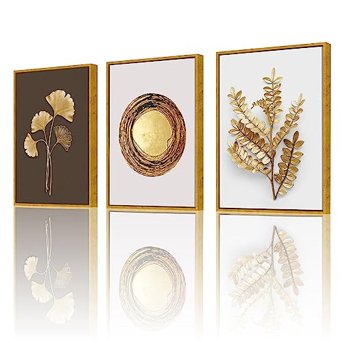 Art Street Abstract Golden Leaf Canvas Painting For Home Décor (17x23 Inch, Set Of 3)