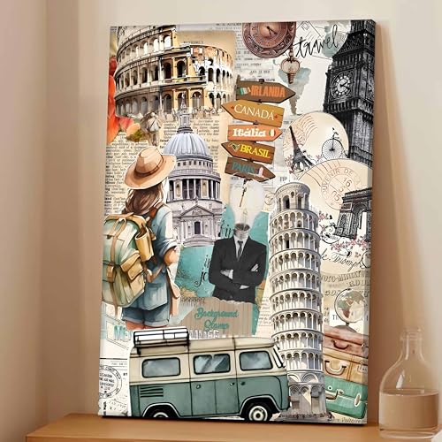 World Travel Collage Canvas Wall Painting | Canada Italia Brazil Paris Travel pop art Canvas Wall Painting For Home and Office Wall Décor (41x56 cm)