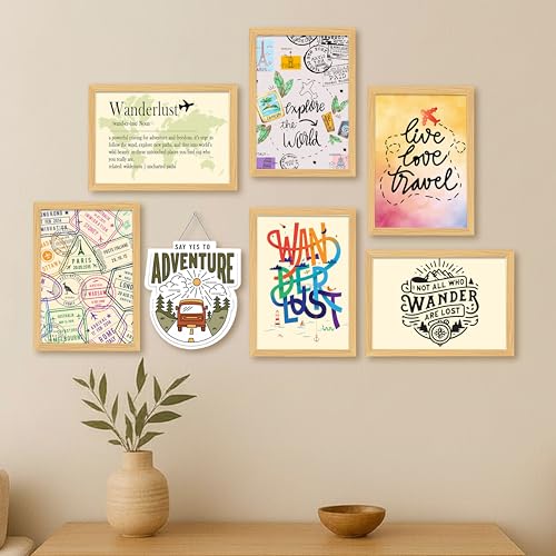 Travel Wall Art Framed Set of 7 (1 MDF wall Hanging) MDF Cutout | Wanderlust & Adventure Quotes Wall Decor | Framed Painting Wall Art for Living Room, Bedroom & Office, 9x13 Inch