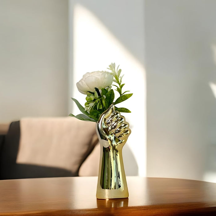 Hand Shape Ceramic Flower Vase, Golden (2.5x6.5 Inch), Vases for Fake Flowers, Flowers Not Included