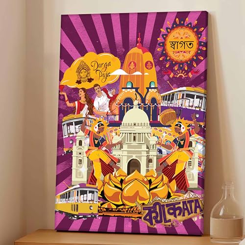 Kolkata Landmarks Collage Mixed Media Canvas Wall Painting | Travel pop art Canvas Wall Painting For Home and Office Wall Décor (41x56 cm)