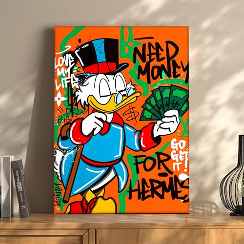 Modern Pop Art Duck Money Wall Painting | Graffiti Street Art Stretched Canvas Print | Bold Cartoon Artwork for Living Room, Office & Café Décor, 41x56 cm
