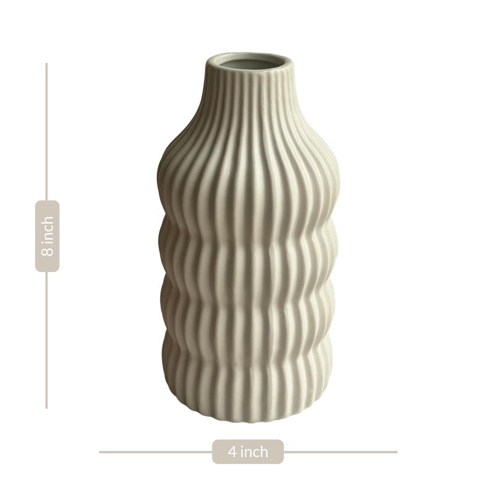 Art Street Wave Designed Bottle Shape Stripe White Flower Pot Ceramic Vase for Home Decor,Office, Living Room, Bedroom (Size: 4x8 Inch)