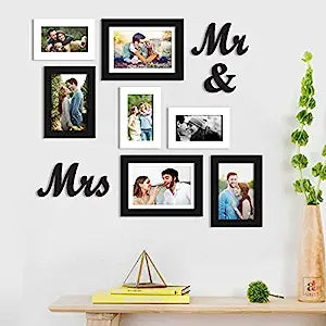 Set Of 7 Black Wall Photo Frame, With Mr & Mrs MDF Plaque For Home Decor ( Size 4x6, 5x7, 6x8 inches )
