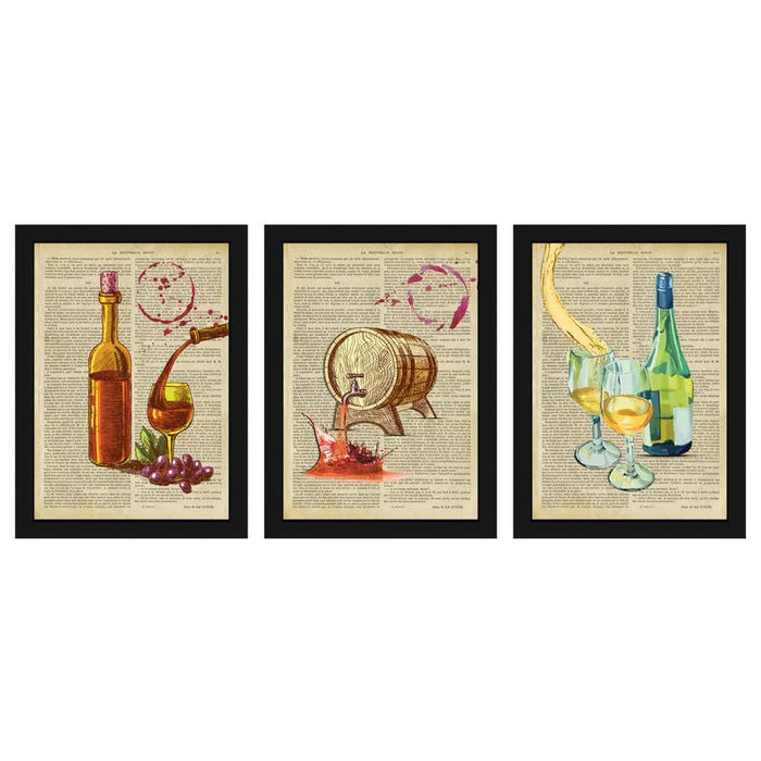 Art Street Dictionary Art Prints Textured Bottle & Glasses Theme, Framed Posters for Home Décor & Wall Decoration for Living Room (Set of 3,12.6 X 9.2 Inch)