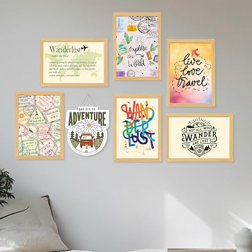 Travel Wall Art Framed Set of 7 (1 MDF wall Hanging) MDF Cutout | Wanderlust & Adventure Quotes Wall Decor | Framed Painting Wall Art for Living Room, Bedroom & Office, 9x13 Inch