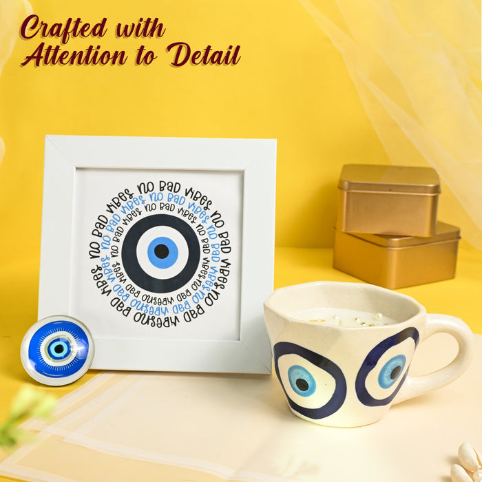 Diwali Evil Eye Gift Set with Photo Framed Art, Evil Eye Scented Candle & Round Coaster