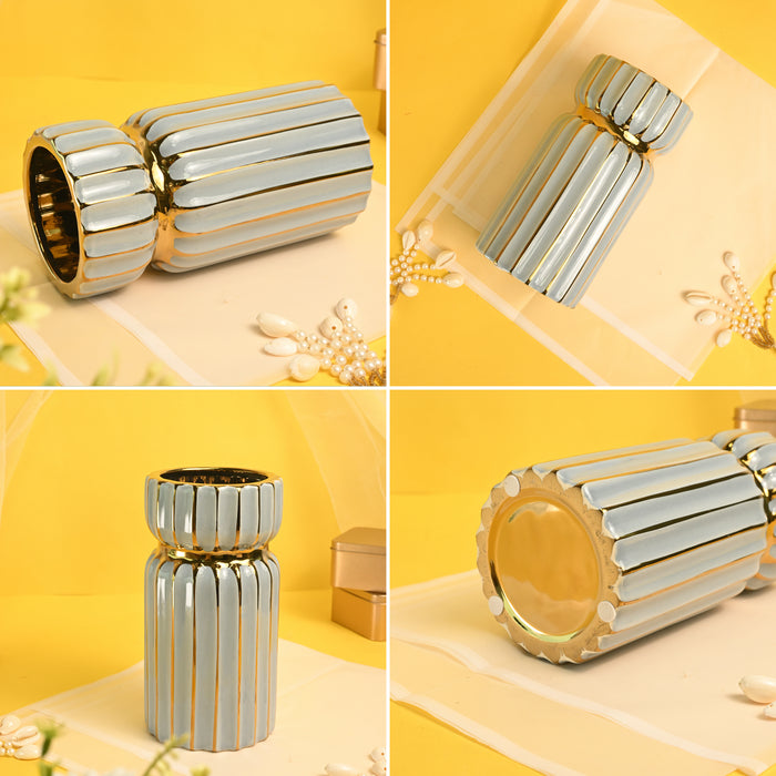 Ceramic Flower Vase For Living Room| Modern Decorative Home Décor| Flower Vase for Centerpieces & Tables| New Year, Christmas Decoration (Grey, 4.5x9.7 Inch)| Free Flower Stick with Vase