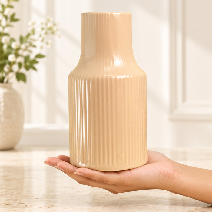Pleated Ceramic Vase| Decorative Flower Pot for Home| Wedding, Living Room, Bedroom & Office Décor| New Year, Christmas Décor (Only Vase, 4x6 Inch)| Free Flower Stick with Vase