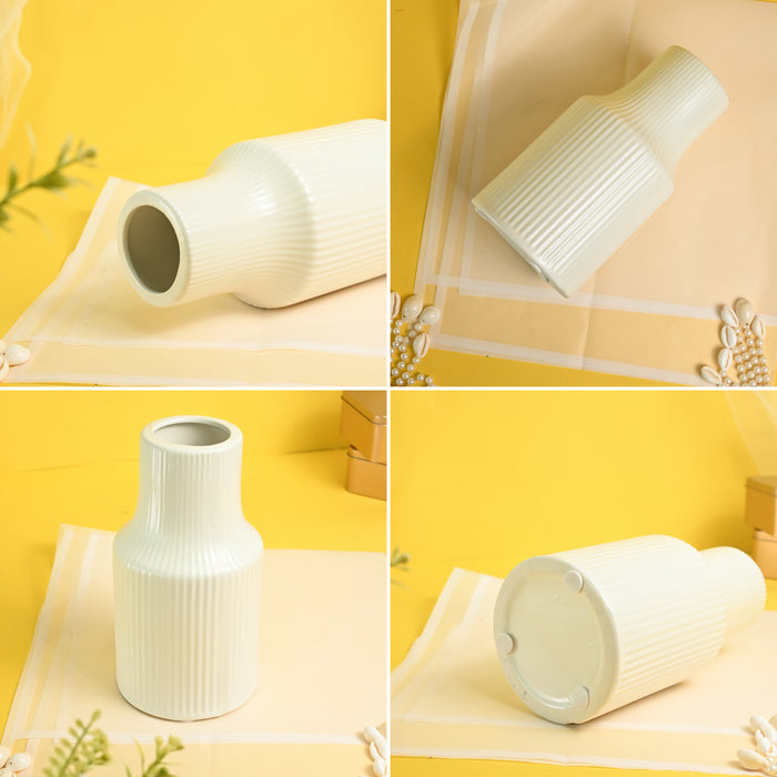 Pleated Ceramic Vase| Decorative Flower Pot for Home| Wedding, Living Room, Bedroom & Office Décor| New Year, Christmas Décor (Only Vase, 4x6 Inch)| Free Flower Stick with Vase