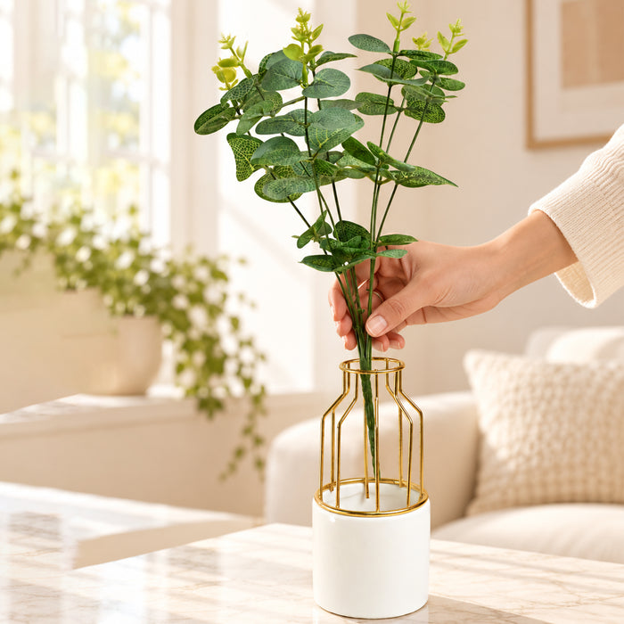 Ceramic Vase with Gold Metal Finish| White Flower Pot for Home| Living Room, Bedroom & Office Décor| Vase for Gift| Size 7x3 Inch| Free Flower Stick with Vase