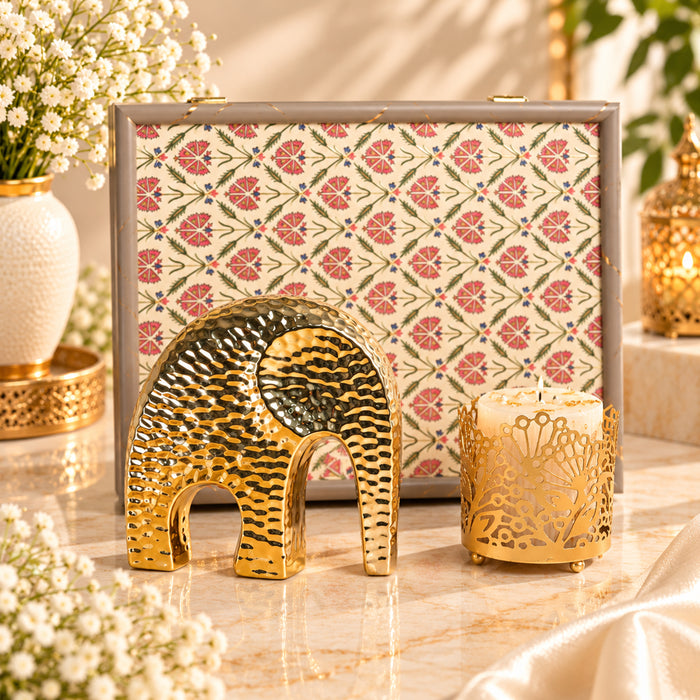 Diwali Luxury Gift Box with Gold Textured Elephant Figurine & Cutout Metal Votive Candle Holder in Satin-Lined Wooden Box
