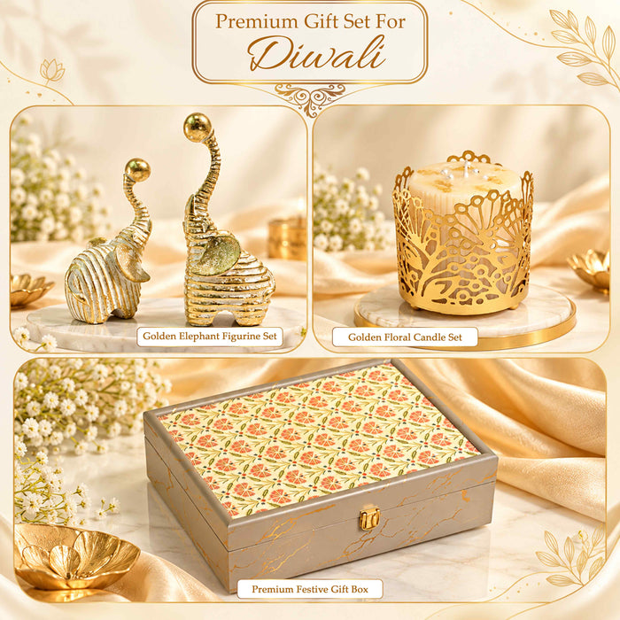 Diwali Luxury Gift Box with Gold Textured Elephant Figurine & Cutout Metal Votive Candle Holder in Satin-Lined Wooden Box