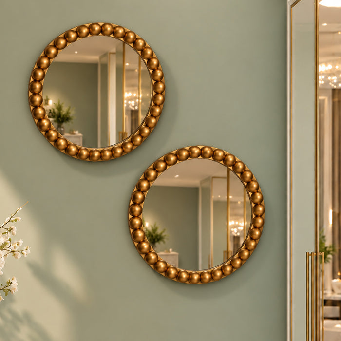 Round Wall Mirror Set of 2, Golden Beaded Frame Decorative Wall Mirrors for Living Room, Bedroom & Home Decor (10x10 Inch)