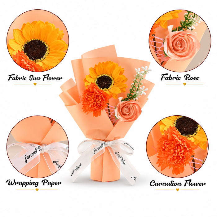 Artificial Flower Bouquet with Sunflower, Rose & Carnation in Peach Wrap, Mini Floral Gift for Birthday, Anniversary & Special Occasions