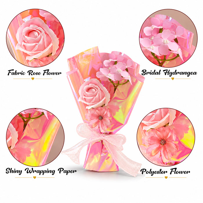 Pink Artificial Rose & Blossom Mini Bouquet, Elegant Floral Gift Wrapped in Pink Foil for Birthday, Anniversary, Valentine’s Day & Gifting