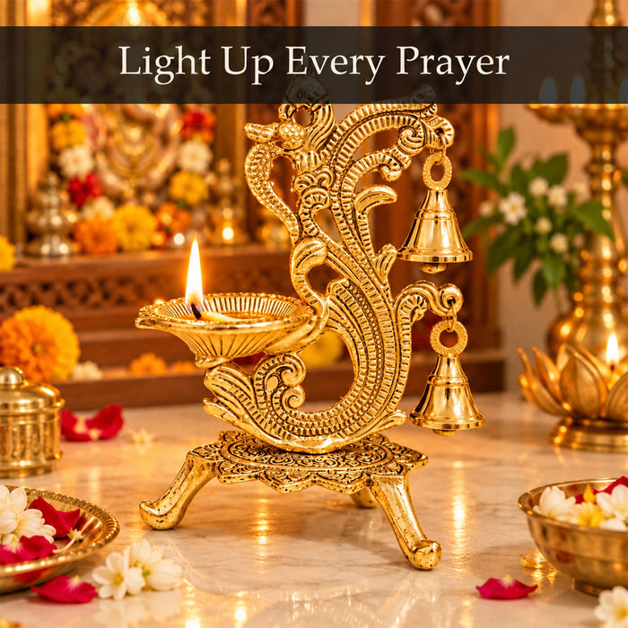 Diwali Peacock Diya Stand with Hanging Bells, Antique Decorative Oil Lamp for Pooja, Home Temple, Diwali & Festive Decoration