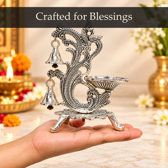 Diwali Peacock Diya Stand with Hanging Bells, Antique Decorative Oil Lamp for Pooja, Home Temple, Diwali & Festive Decoration