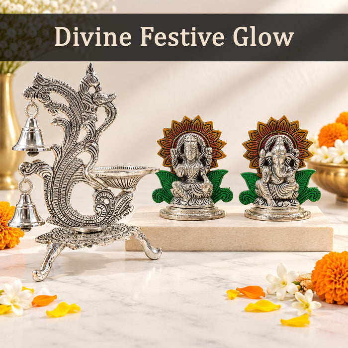Lakshmi Ganesha Idol Set with Silver Peacock Diya Stand, Decorative Metal Puja Set for Temple Home Decor