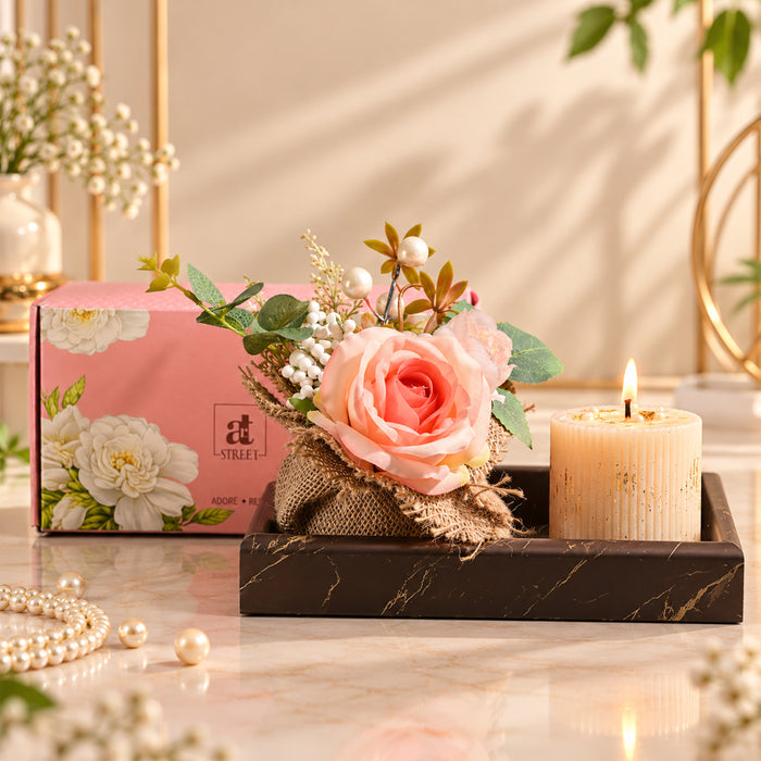 Diwali Gift Set with Pink Artificial Rose Pot, Scented Candle & Candle, Decorative Festive Gift Box for Diwali, Home Décor, Family & Friends Gifting