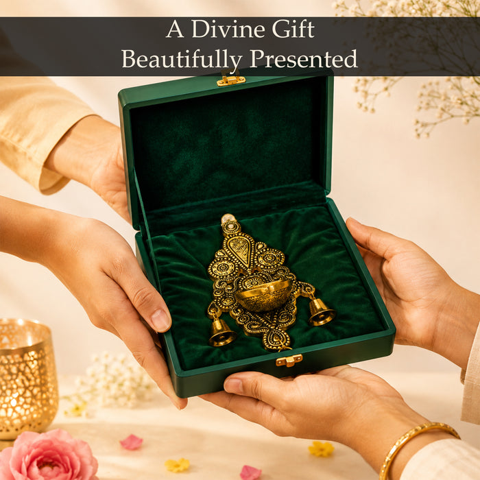 Brass Wall Hanging Diya with Bells, Decorative Oil Lamp Candle Holder for Diwali Puja, Temple & Home Decor