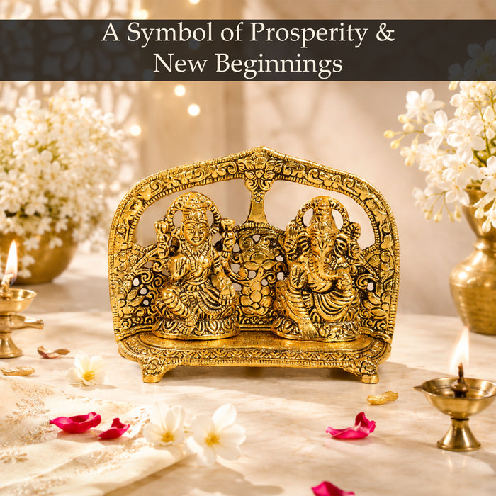 Gold Plated Laxmi Ganesh Statue Frame, Metal Lakshmi Ganesha Idol Murti for Diwali Puja, Decor & Gifting