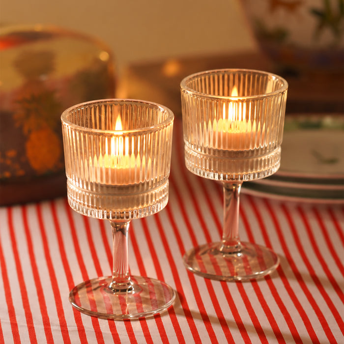 Set of 2 Glass Pillar Candle Holders, Tea Light Votive Stands for Diwali Decoration, Dining Table & Festive Home Decor (10x4 cm)