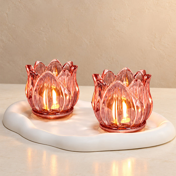 Set of 2 Pink Flower Shaped Glass Votive Candle Holders, Lotus Tea Light Stands for Diwali Decoration & Festive Home Decor (8x6 cm)