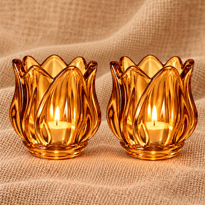 Set of 2 Pink Flower Shaped Glass Votive Candle Holders, Lotus Tea Light Stands for Diwali Decoration & Festive Home Decor (8x6 cm)
