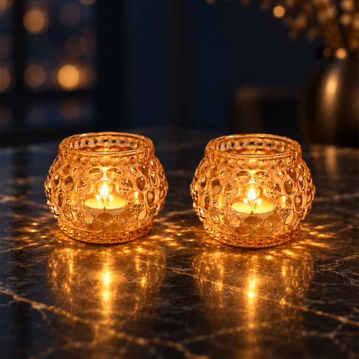 Set of 2 Pink Glass Votive Candle Holders, Decorative Tea Light Holders for Diwali Decoration & Festive Home Decor (5x4.5 cm)