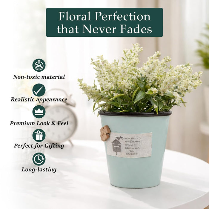 Ceramic Flower Pot with Artificial White Flowers | Decorative Tabletop Planter for Home, Office