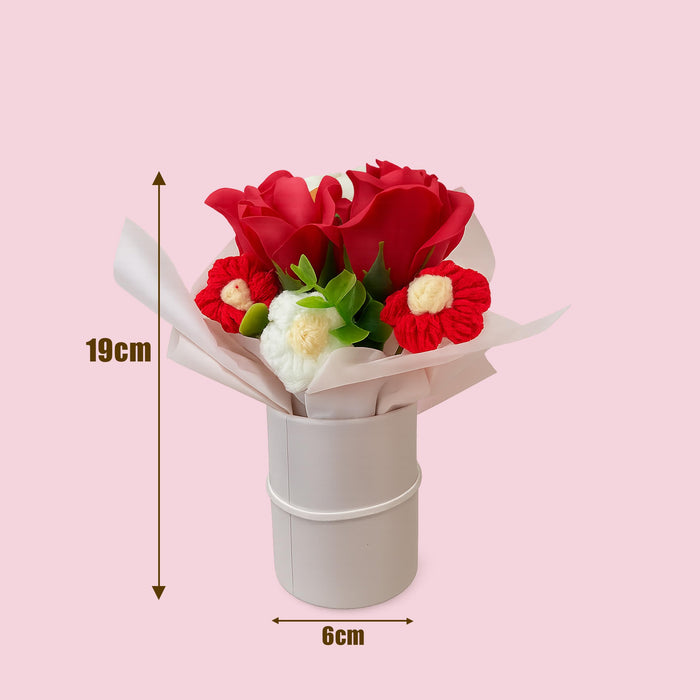 Art Street Artificial Rose & Knitted Daisy Flower Bouquet in Pink Gift Box – Handmade Decorative Floral Arrangement for Home Décor, Gifting, Office Table, Valentine Day & Anniversary