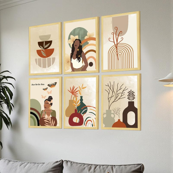 Boho Abstract Framed Painting Wall Art Set of 6 | Portrait, Botanical & Geometric Prints | Warm Neutral Tones | Engineered wood Frame Wall Décor, (Size: A3)
