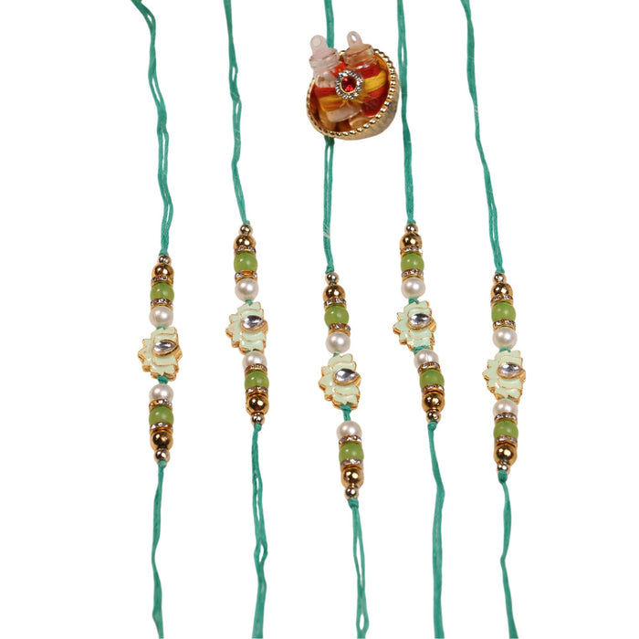 Rakhi Set for Brother and Bhabhi Premium Lotus Flowers Rakhi with Roli and Chawal for Raksha Bandhan (Set of 5)