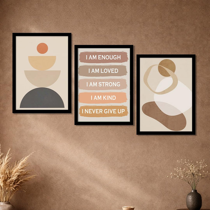 PAINTINGMANTRA Self Motivational Boho A3 Framed Posters for Living Room with Frame, I AM ENOUGH Bohemian Quotes Wall Poster for Home Decor Bedroom Hallways Office Hotel Set of 3, Size 33x45 cm