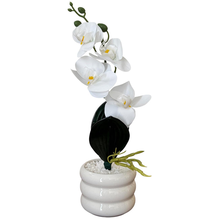 Ceramic Potted Vase Artificial Orchid Flower with Round Wave Pot for Table Top (White, Size: 3x12Inch)