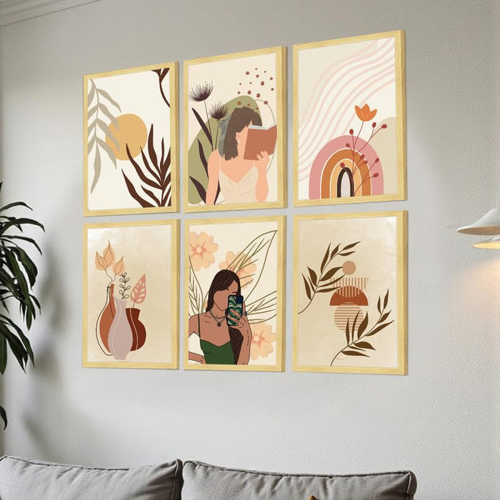 Boho Portrait & Abstract Framed Painting Wall Art Set of 6 | Modern Feminine, Botanical & Rainbow Prints | Soft Neutral Tones | Engineered wood Frame Wall Décor, (Size: A3)