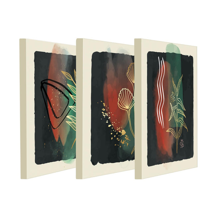Stretched Canvas Painting Botanical Abstract Green Leaf for Living Room (Set of 3, Size: 12x12 Inch)