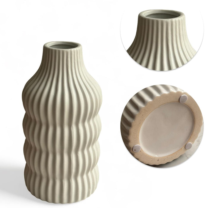 Art Street Wave Designed Bottle Shape Stripe White Flower Pot Ceramic Vase for Home Decor,Office, Living Room, Bedroom (Size: 4x8 Inch)