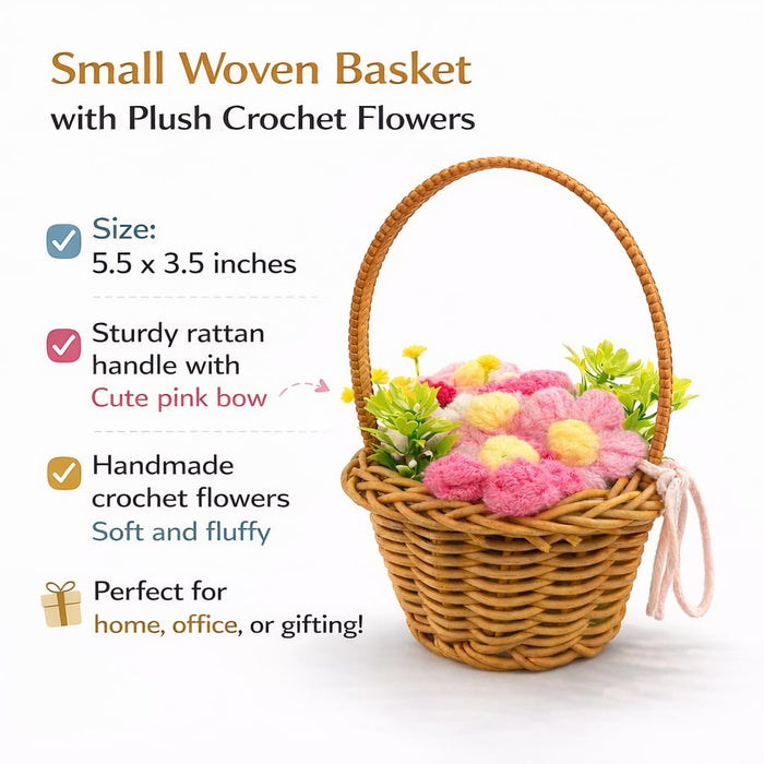 Art Street Handcrafted Crochet Flower Basket with Wicker Handle Decorative Table Accent, Artificial Flower Arrangement Gift Basket for Home Decor, Desk Styling, Shelf Decoration & Festive Gifting