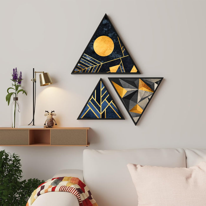 Triangle Canvas Wall Painting Stretched on Wooden Framed For Home Decoration (Set Of 3, 10x10, 12x12, 16x16 Inch)