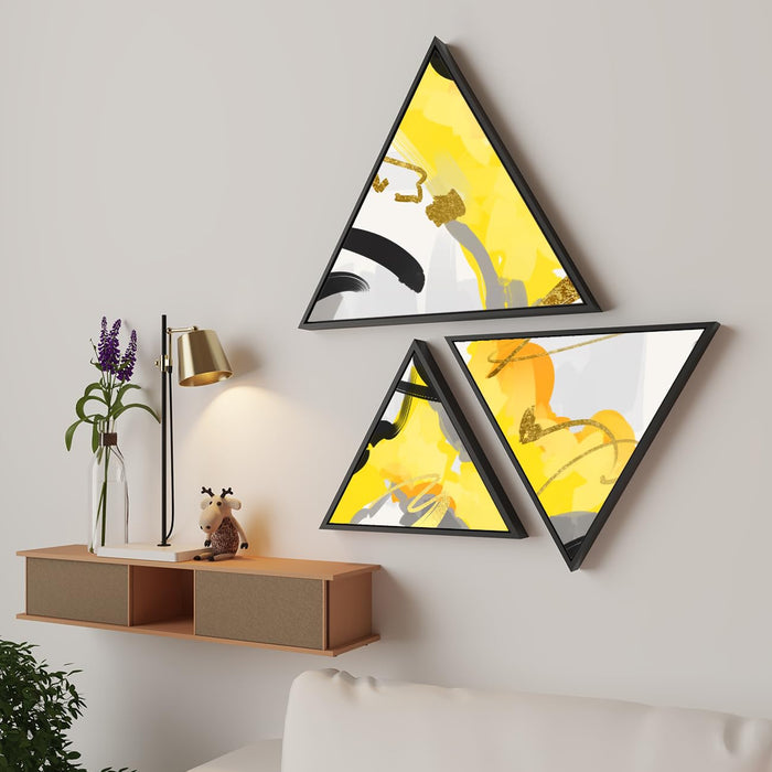 Art Street Canvas Triangle Abstract Yellow Wall Painting Stretched on Wooden Framed For Home Decoration (Set Of 3, 10x10, 12x12, 16x16 Inch)