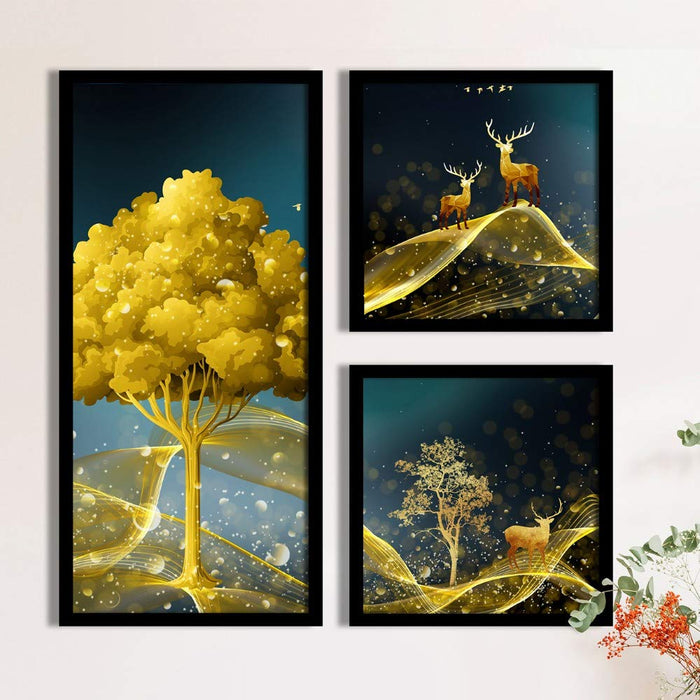 Peacock Butterfly Theme in Framed Printed Set of 3 Wall Art Print, Painting